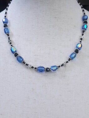 18" Celestial Blue Black Silver Striped Beaded Necklace Boho Rave Festival